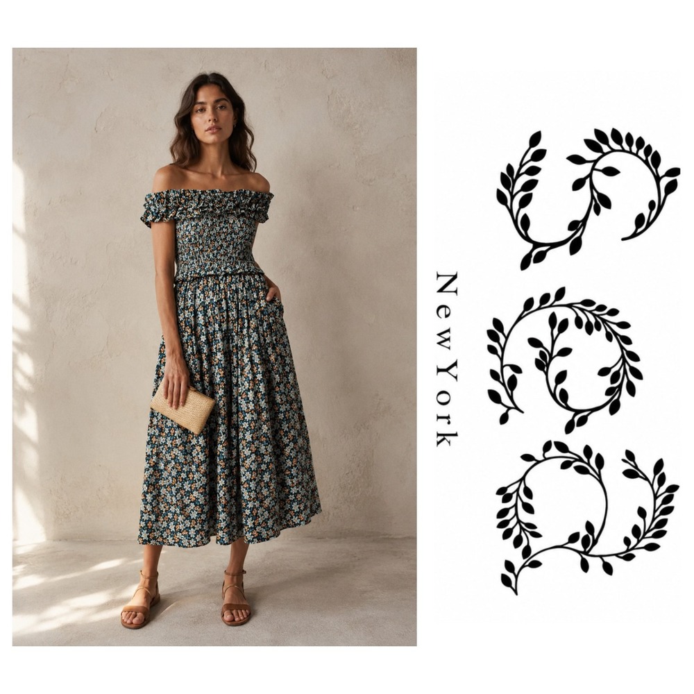 Sea New York Peggy Floral Smocked Off Shoulder Midi Dress XS NWOT